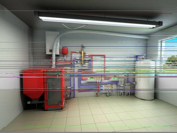 Hot water boiler Boiler room with a heating system 3d render