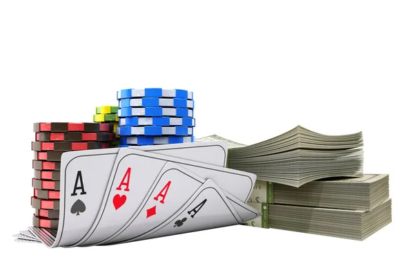 Casino Fişleri Ile Para Beyaz Gerçekçi Kartları Nesneler Render Gölge — Stok fotoğraf