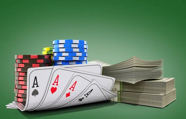 Casino Chips Mit Geld Und Karten Auf Grünen Realistischen Renderobjekten — Stockfoto