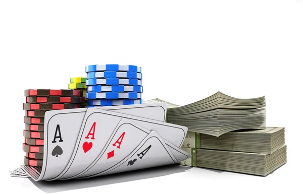 Casino Chips Mit Geld Und Karten Auf Weißen Realistischen Renderobjekten — Stockfoto