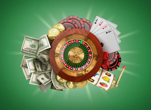 modern concept of the casino logo roulette is surrounded by playing props 3d render on green