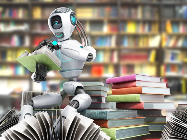 modern concept of piece intelligence robot is reading books sitting on a pile of books3d render