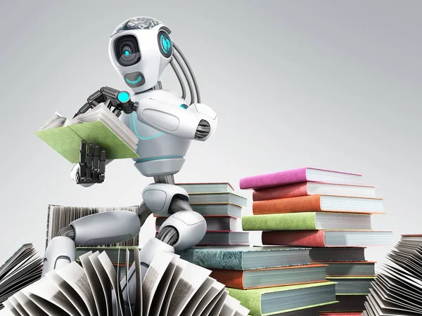 modern concept of piece intelligence robot is reading books sitting on a pile of books3d render on grey