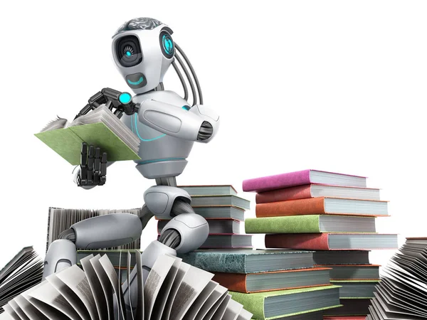 Современная Концепция Кусок Интеллекта Робот Читает Книги Сидя Куче Books3D — стоковое фото