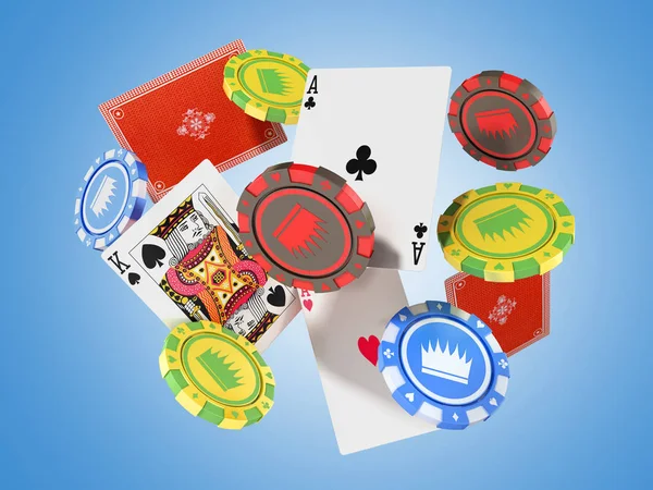 modern concept of casino games Falling casino chips and aces 3d render isolated on blue