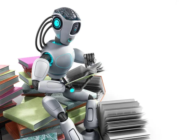 Современная Концепция Кусок Интеллекта Робот Читает Книги Сидя Куче Books3D — стоковое фото