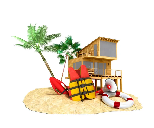 Secure beach concept Life jacket life ring and a horn and other objects on the sand 3render on white
