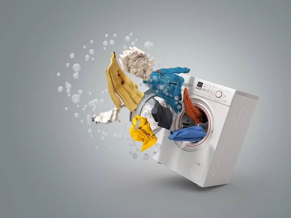 Washing Machine Flying Clothes Grey Background — Stock Photo, Image