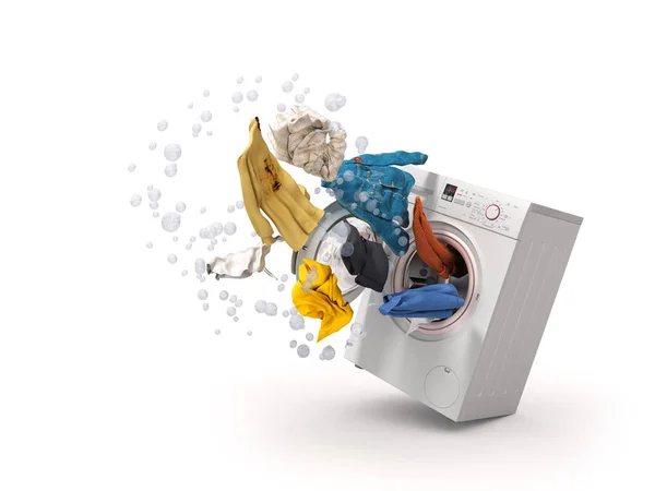 Washing Machine Flying Clothes White Background — Stock Photo, Image