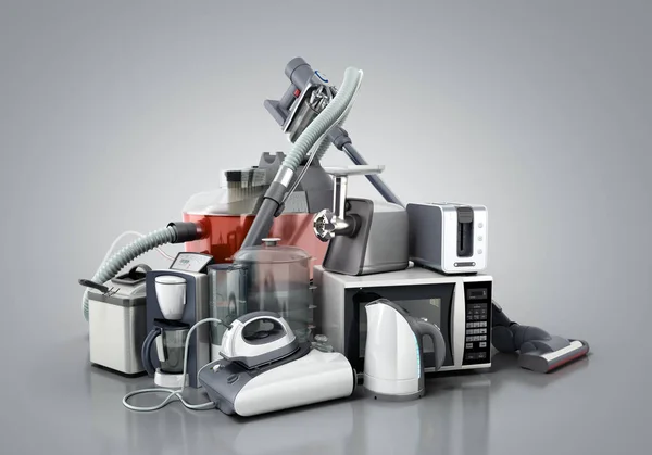 家电集团真空吸尘器微波铁咖啡壶蒸汽水壶烤面包机分离的灰色背景3D — 图库照片