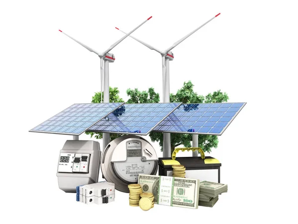 concept of energy saving solar panels and a windmill near the meter of electricity 3d render on white no shadow