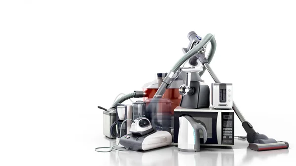 家电集团真空吸尘器微波铁咖啡壶蒸汽水壶烤面包机在白色背景下隔离3D — 图库照片