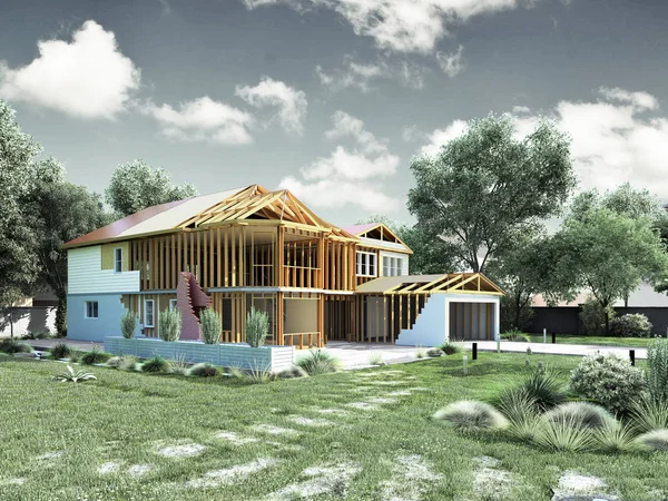 modern concept of construction works the house is assembled by parts on the land 3d render image