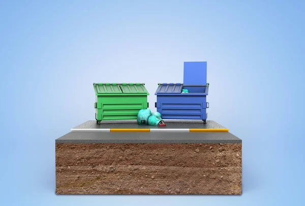 一块土地上的垃圾桶3D 渲染蓝色 — 图库照片