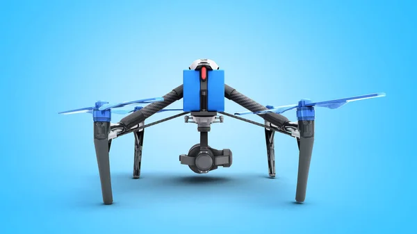 白色无人机 Quadrocopter 与相片照相机在蓝天飞行概念航空影片3D 渲染在蓝色 — 图库照片