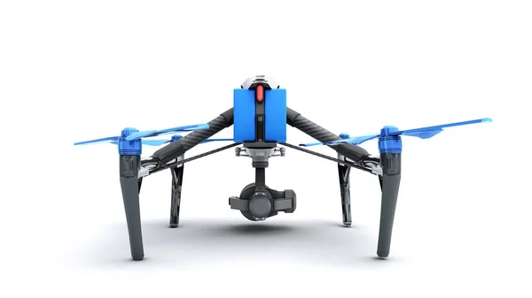 Quadrocopter Dron Blanco Con Cámara Fotográfica Volando Cielo Azul Concepto —  Fotos de Stock