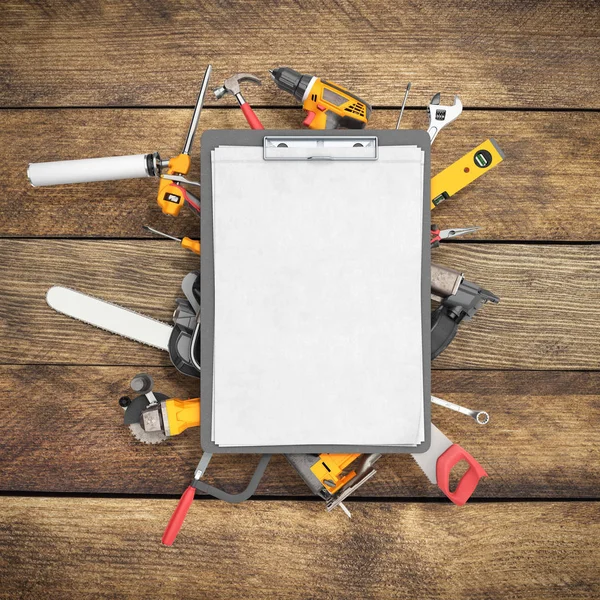 Ahşap üzerine defter ve araçları 3d render ile inşaat arka plan