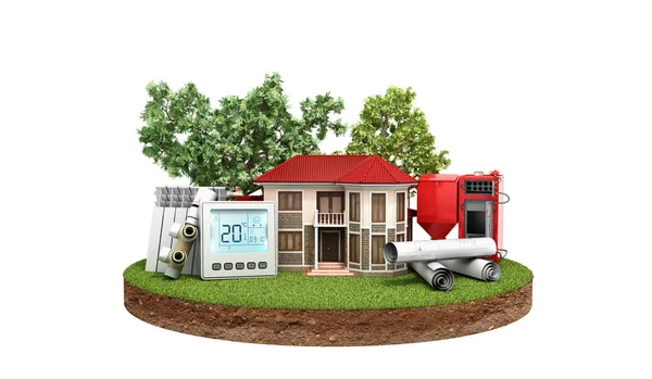 concept of energy saving house on a piece of land near wood boiler batteries thermostat temperature controller 3d render on white no shadow