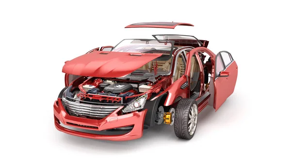 Beyaz arka plan 3d render kırmızı araba ayrıntılarını 