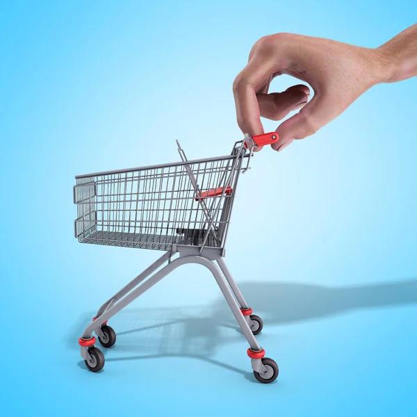 Carrito Compras Una Mano Renderizar Sobre Fondo Azul —  Fotos de Stock