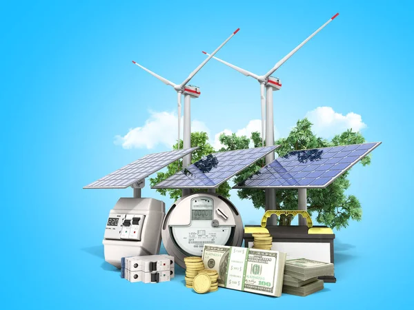 Concept Energy Saving Solar Panels Windmill Meter Electricity Render Blue — Stock Photo, Image