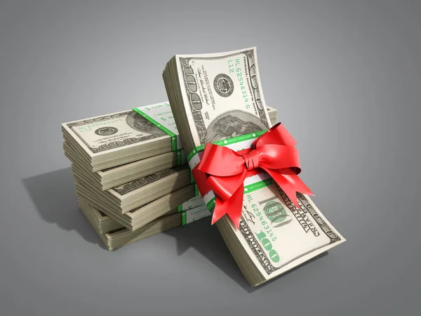 Conceptul Bani Depozit Bonus Stivă Facturi Dolari Cash Red Bow — Fotografie, imagine de stoc