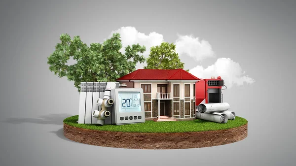 concept of energy saving house on a piece of land near wood boiler batteries thermostat temperature controller 3d render on grey