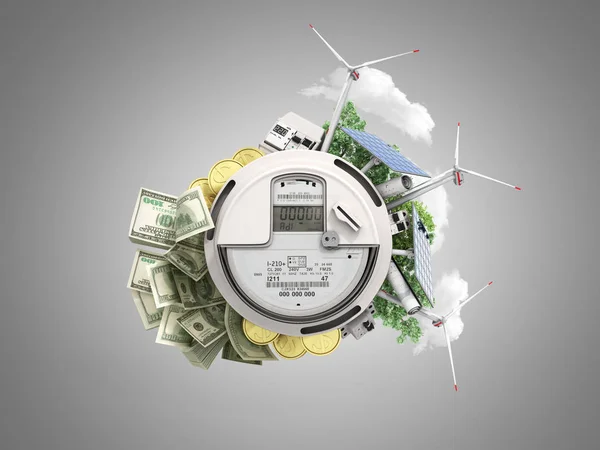 concept of energy saving the meter of electricity with solar panels and a windmill  money dollar bills 3d render on grey no shadow