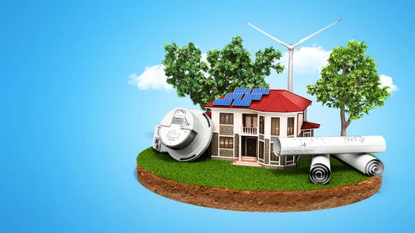 concept of energy saving house with solar panels and a windmill on a piece of land near the meter of electricity 3d render on blue