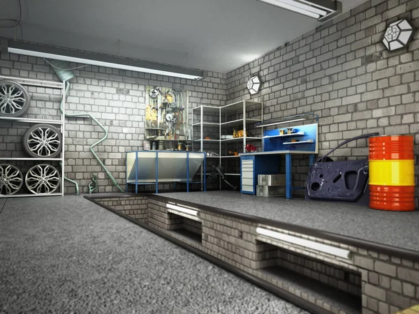 Weergave Van Een Garage Interieur Met Geopende Roller Deur Rendering — Stockfoto