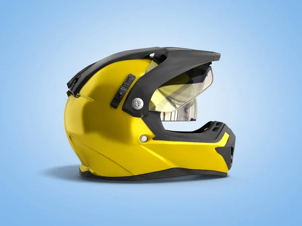 青の背景に黄色のモトクロス ヘルメット レンダリング — ストック写真