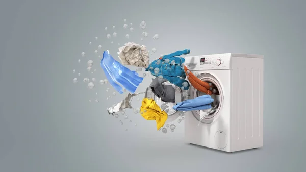 Washing Machine Flying Clothes Grey Background — Stock Photo, Image