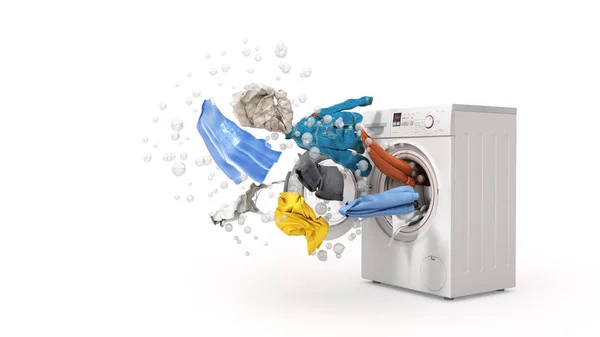 Washing Machine Flying Clothes White Background — Stock Photo, Image