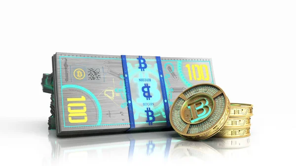 Begreppet Bitcoin Sedel Och Monet Virtuella Pengar Räkningar Render Vit — Stockfoto