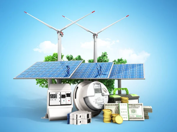 concept of energy saving solar panels and a windmill near the meter of electricity 3d render on blue