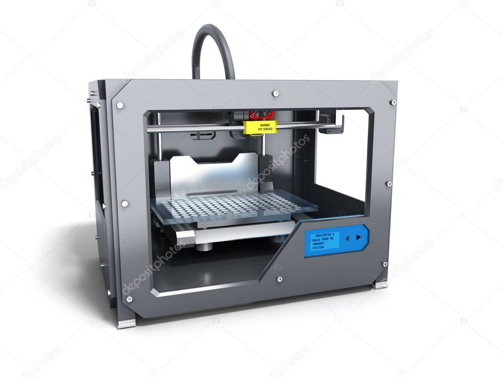 Creative abstract new technologies concept modern professional plastic 3D printer 3d render on white