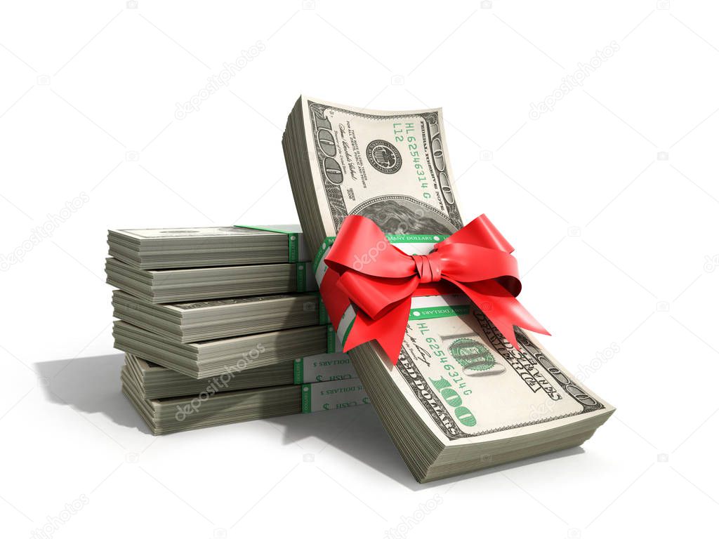 concept of money Deposite Bonus Stack of dollar bills Cash With Red Bow 3d render on White Back Ground