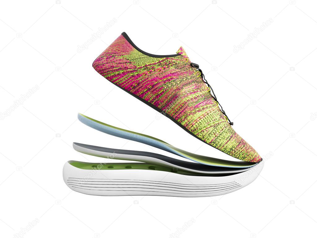 Pair of pink sport shoes by layers 3d render on white no shadow