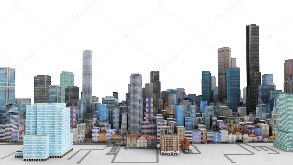 Architectural 3D model illustration of a large city on a white background