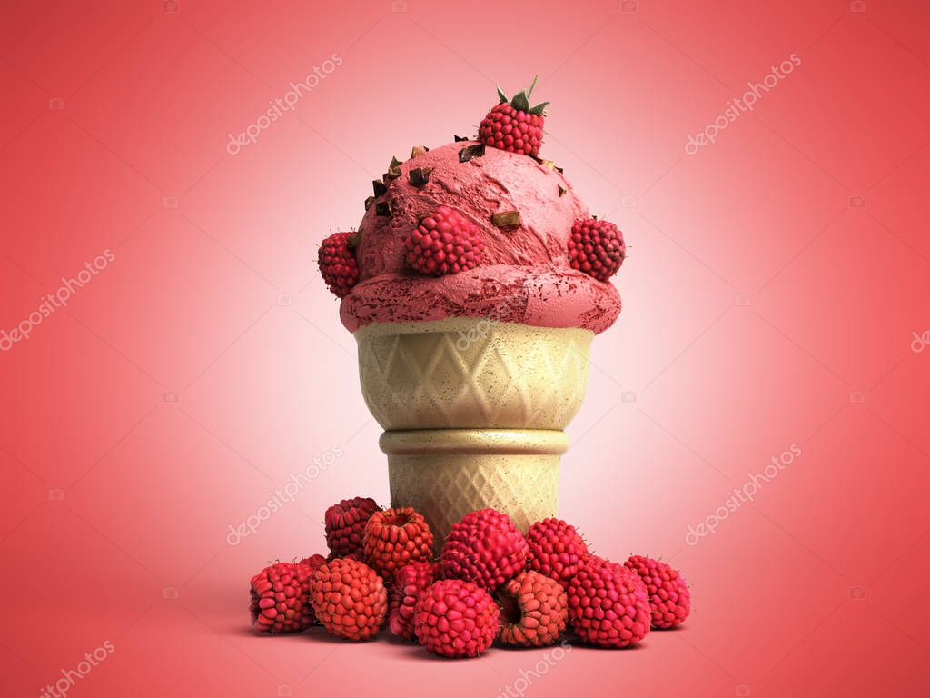 Ice cream with raspberries and chocolate crumbs in a waffle cup 3d render on red