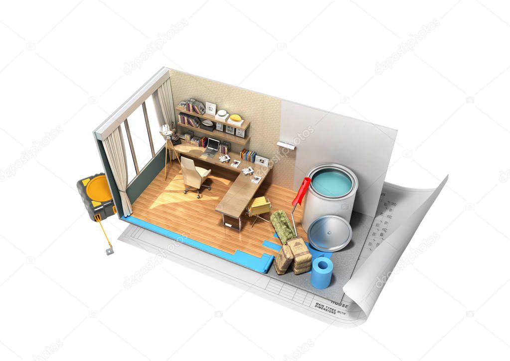 Concept of repair work isometric low poly home room renovation icon 3d render on white no shadow