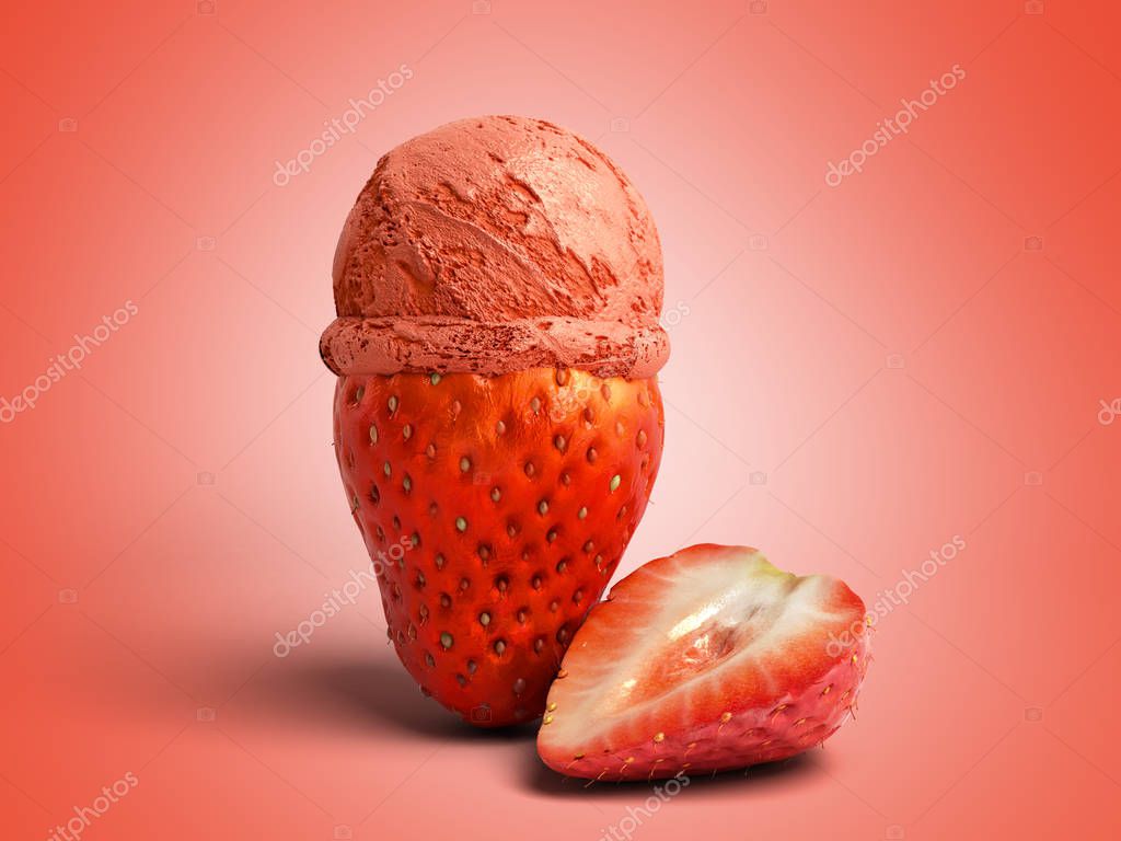 Modern concept of fruit ice cream A Strawberry ice cream ball lies on a roasted Strawberry 3d render on red background