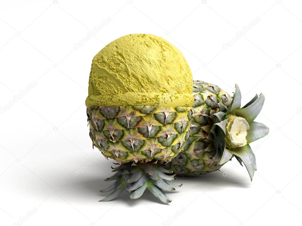 modern concept of fruit ice cream A pineapple ice cream ball lies on a roasted pineapple 3d render on white background