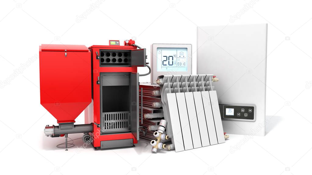 modern concept heating saving solid fuel boiler battery electric boiler and thermostat 3d render on a white background