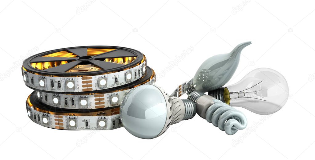 different Lighting Bulbs set 3d render on white background no shadow