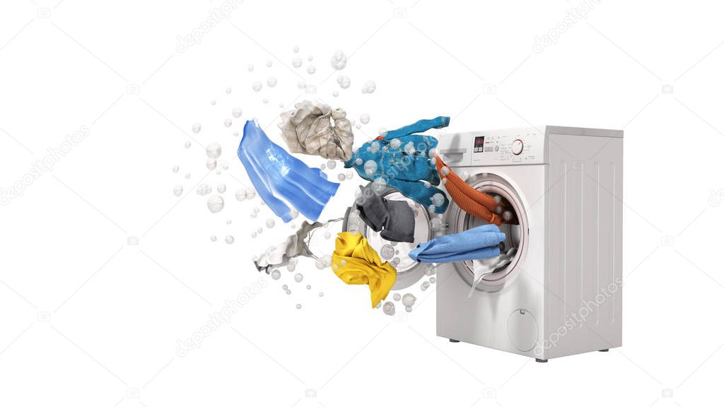 Washing machine and flying clothes on white background no shadow