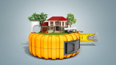 teyp 3d render Grey konsept çizimler ve araçları ile ev tasarımı binanın açıktır