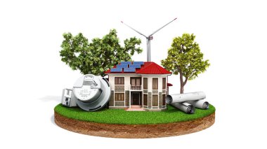 güneş panelleri ile ev ve bir yel değirmeni elektrik 3d render metre yakınındaki arazi parçası üzerinde tasarruf enerji kavramını beyaz gölge yok