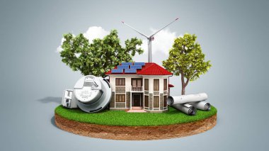 enerji ev güneş panelleri ve rüzgar gülü Grey elektrik 3d render metre yakınındaki arazi parçası üzerinde tasarruf kavramı