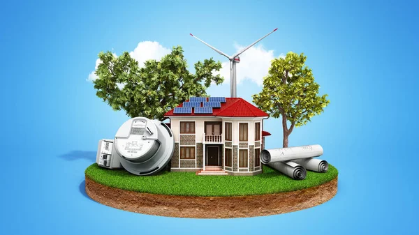 concept of energy saving house with solar panels and a windmill on a piece of land near the meter of electricity 3d render on blue
